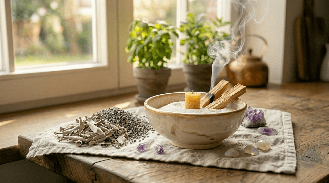 Eine ästhetische Nahaufnahme eines glimmenden Salbei-Räucherbündels in einer handgetöpferten Keramikschale auf einem rustikalen Holztisch, flankiert von einem Amethyst-Kristall und einer brennenden Bienenwachskerze im sanften Sonnenlicht