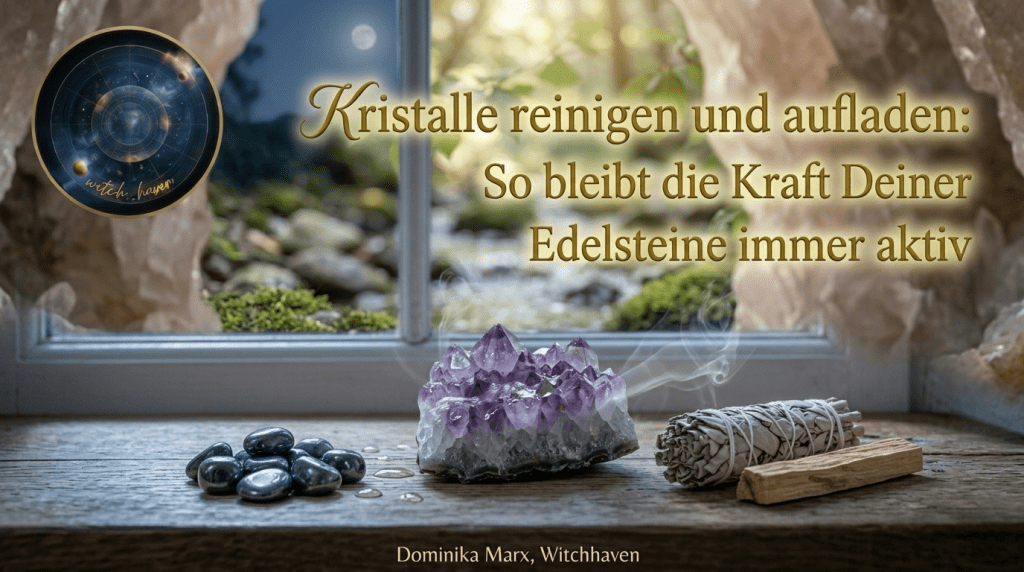 Kristalle reinigen und aufladen Beitragsbild mit Amethyst und Mondlicht