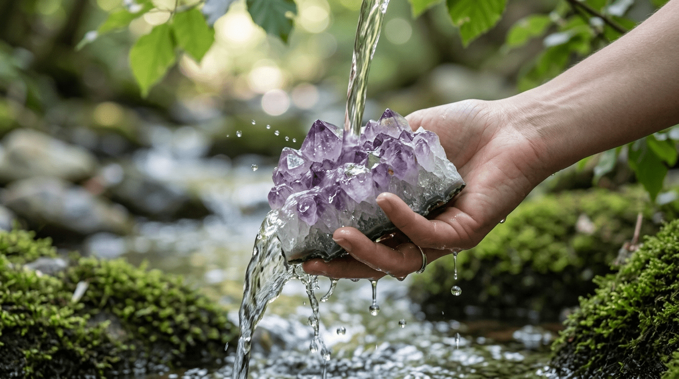Kristalle reinigen unter fließendem Wasser