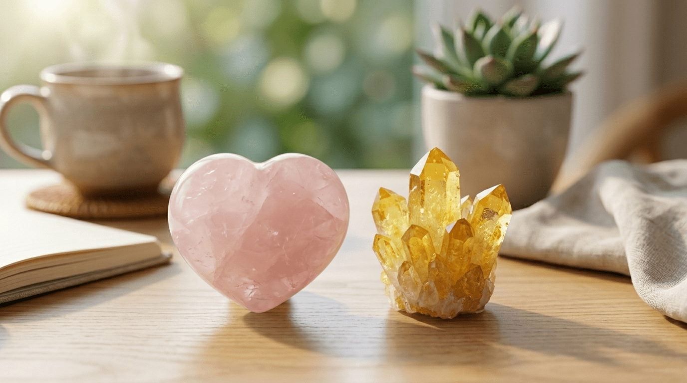 Edelsteine Rosenquarz und Citrin für Liebe und Lebensfreude