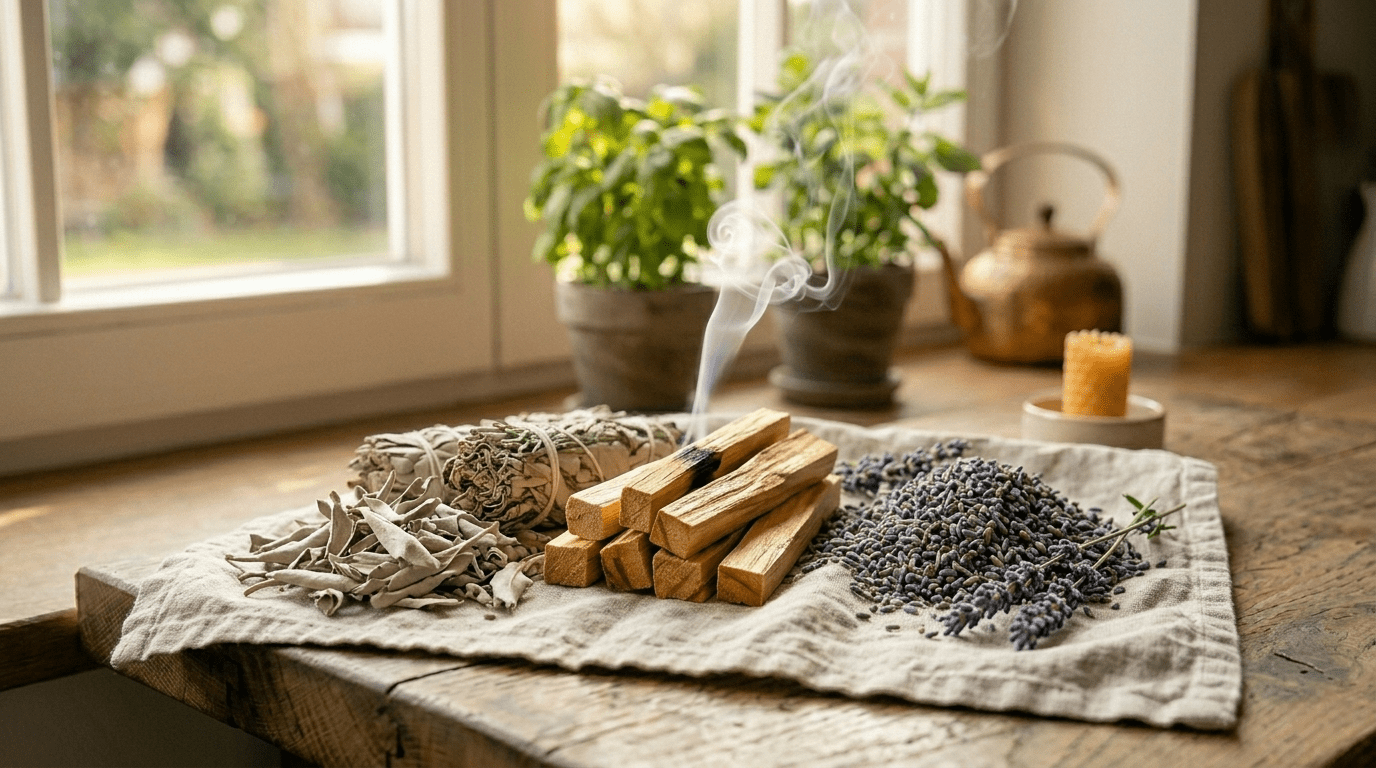 Eine harmonische Auswahl an Räucherkräutern wie getrockneter weißer Salbei, Palo Santo Holz und Lavendelblüten auf einem hellen Leinentuch vor einem hellen Fenster