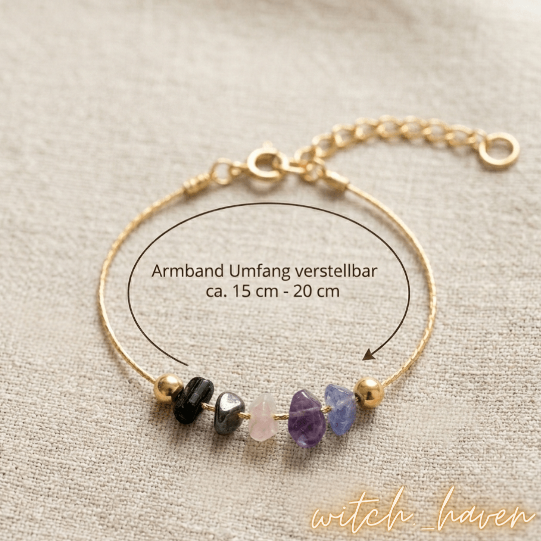 Magisches Schutzarmband Rohkristalle Dominika Marx, Obsidian Amethyst Schutzschmuck handgefertigt, Tansanit Rohstein Armband energetisch, spiritueller Begleiter Aura Schutz, handgemachtes Kristallarmband Witchhaven, rituelles Reinigungsritual Schmuck, Heilsteine für Schutz sowie Erdung, exklusives Design Rohkristalle goldfarben