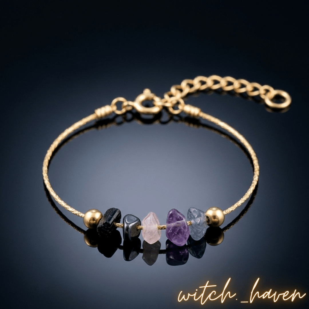 Magisches Schutzarmband Rohkristalle Dominika Marx, Obsidian Amethyst Schutzschmuck handgefertigt, Tansanit Rohstein Armband energetisch, spiritueller Begleiter Aura Schutz, handgemachtes Kristallarmband Witchhaven, rituelles Reinigungsritual Schmuck, Heilsteine für Schutz sowie Erdung, exklusives Design Rohkristalle goldfarben