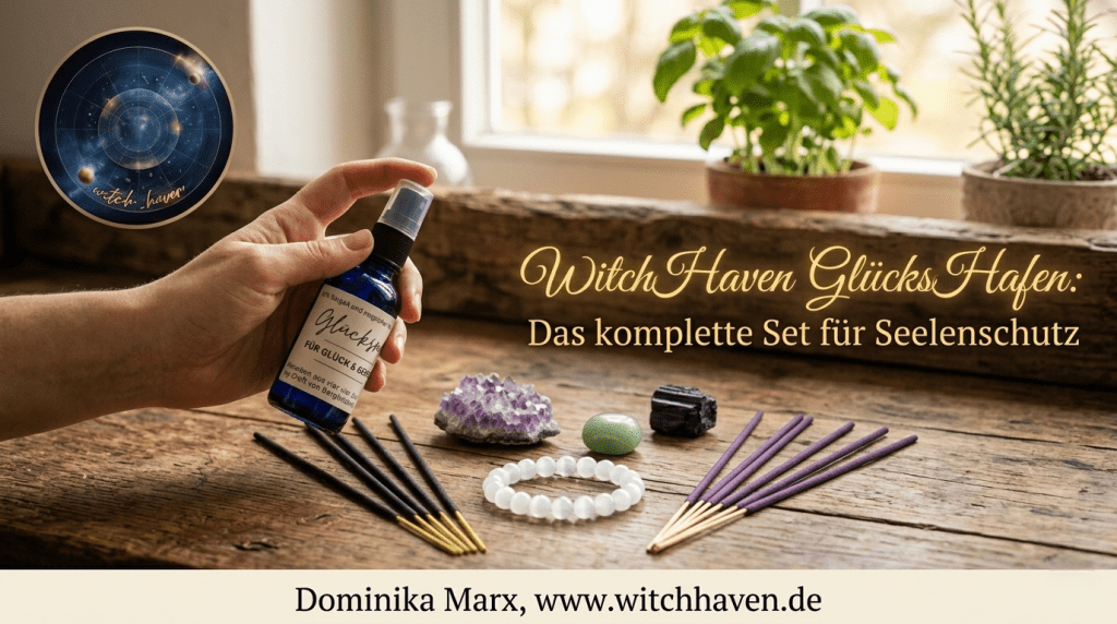Ästhetische Produktpräsentation des WitchHaven GlücksHafen Seelenschutz-Sets mit Kristallen, Räucherstäbchen und Aura-Spray auf einem rustikalen Holztisch im hellen Sonnenlicht.