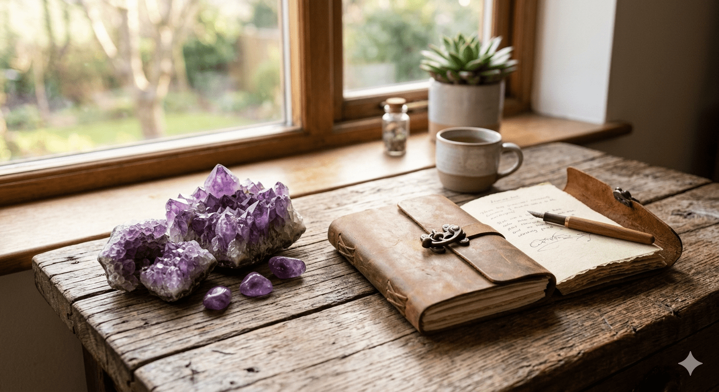 Ein wunderschöner Amethyst-Kristall und ein Notizbuch auf einem rustikalen Holztisch bei Witchhaven