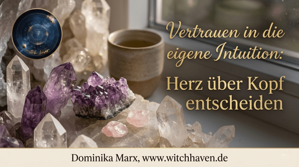 Ein atmosphärisches Titelbild mit Amethyst- und Bergkristallen im Morgenlicht, oben links das WitchHaven-Logo und rechts der Titel „Vertrauen in die eigene Intuition: Herz über Kopf entscheiden“ in goldener Schrift.