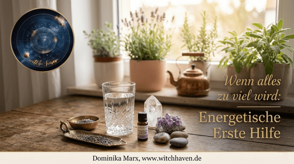 Beitragsbild für energetische Erste Hilfe: Ein Glas Wasser, Kristalle und ätherische Öle auf einem Holztisch vor einem sonnigen Fenster zur spirituellen Reinigung.