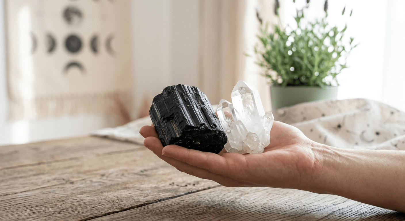 Schutzsteine wie schwarzer Turmalin und Bergkristall für energetische Abgrenzung bei Witchhaven