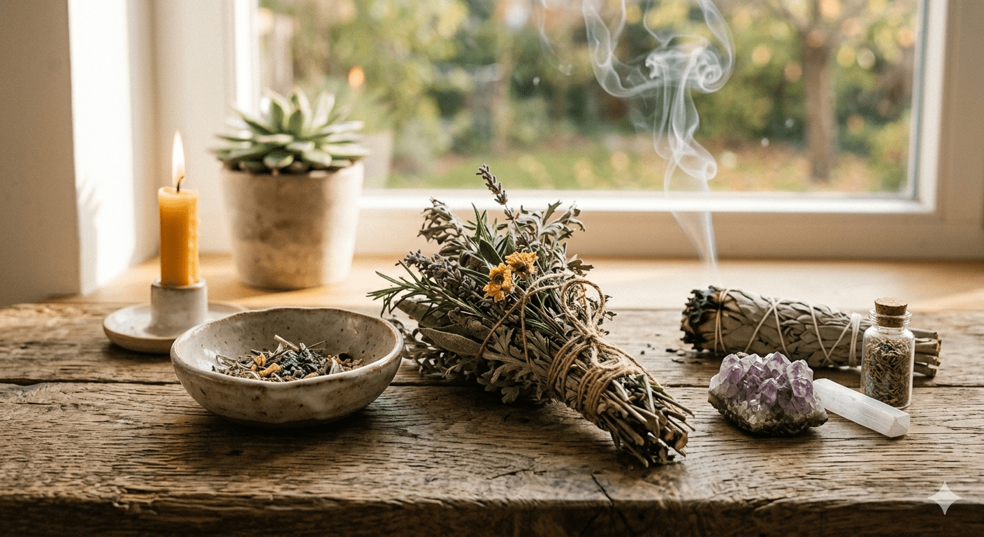 Räucherbündel aus Beifuß und Kräutern für die energetische Reinigung der Grenzen bei Witchhaven