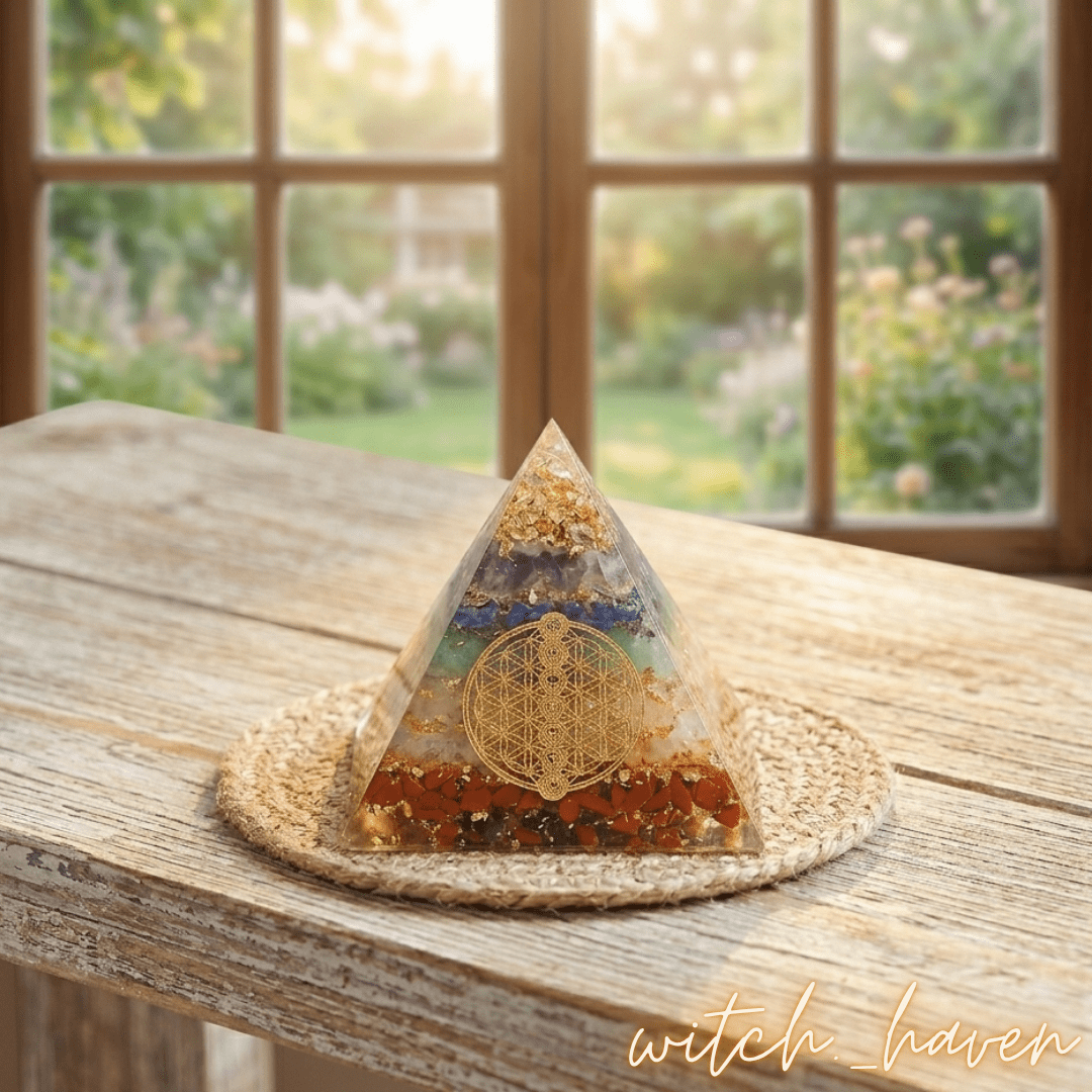 Chakra Orgon Pyramide Blume des Lebens Dominika Marx, Edelstein Pyramide sieben Chakren Schutzsymbol, spiritueller Begleiter Orgonit Design, handverlesene Natursteine Pyramide Witchhaven, rituelles Reinigungsritual Orgonit, Heilsteine für Balance sowie Erdung, exklusive Chakra Deko goldfarbene Symbole