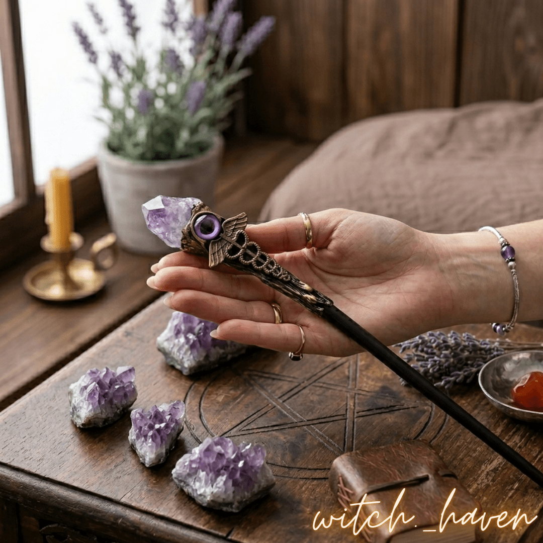 Amethyst Zauberstab handgefertigt Dominika Marx, magisches Werkzeug Rohkristall Spitze Altar Deko, spiritueller Begleiter Böser Blick Schutzsymbol, handgemachter Hexenstab Witchhaven, rituelles Reinigungsritual Zauberstab, Heilsteine für inneren Frieden sowie Reinigung, exklusive spirituelle Deko violett goldfarben