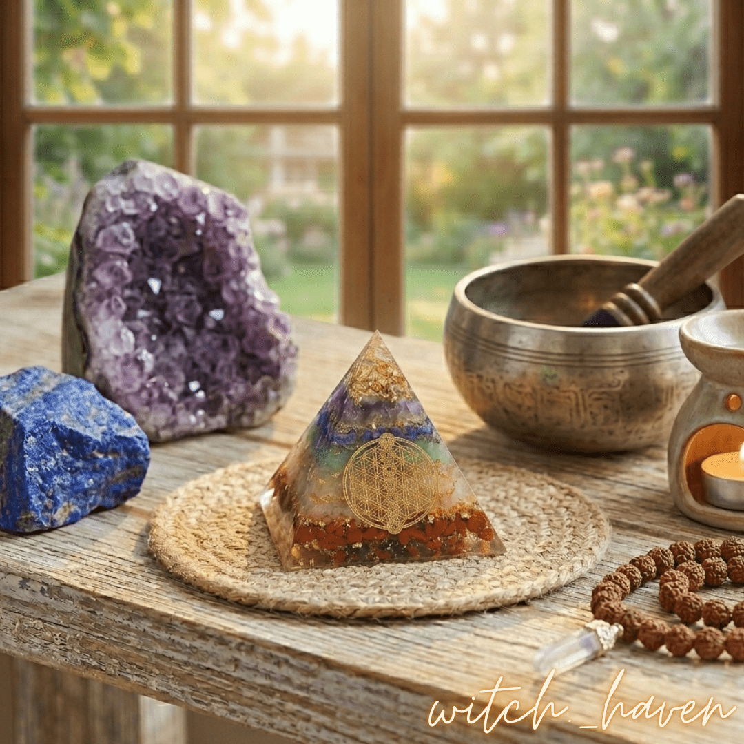 Chakra Orgon Pyramide Blume des Lebens Dominika Marx, Edelstein Pyramide sieben Chakren Schutzsymbol, spiritueller Begleiter Orgonit Design, handverlesene Natursteine Pyramide Witchhaven, rituelles Reinigungsritual Orgonit, Heilsteine für Balance sowie Erdung, exklusive Chakra Deko goldfarbene Symbole