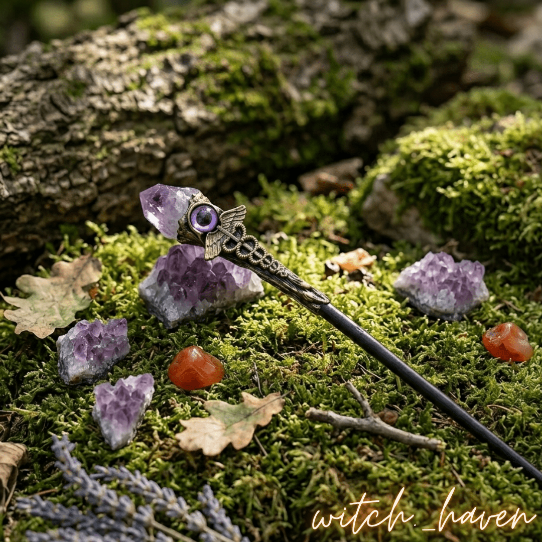 Amethyst Zauberstab handgefertigt Dominika Marx, magisches Werkzeug Rohkristall Spitze Altar Deko, spiritueller Begleiter Böser Blick Schutzsymbol, handgemachter Hexenstab Witchhaven, rituelles Reinigungsritual Zauberstab, Heilsteine für inneren Frieden sowie Reinigung, exklusive spirituelle Deko violett goldfarben