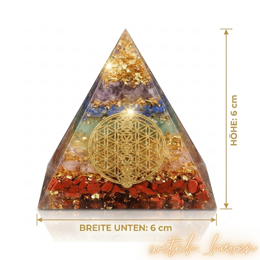 Chakra Orgon Pyramide Blume des Lebens Dominika Marx, Edelstein Pyramide sieben Chakren Schutzsymbol, spiritueller Begleiter Orgonit Design, handverlesene Natursteine Pyramide Witchhaven, rituelles Reinigungsritual Orgonit, Heilsteine für Balance sowie Erdung, exklusive Chakra Deko goldfarbene Symbole