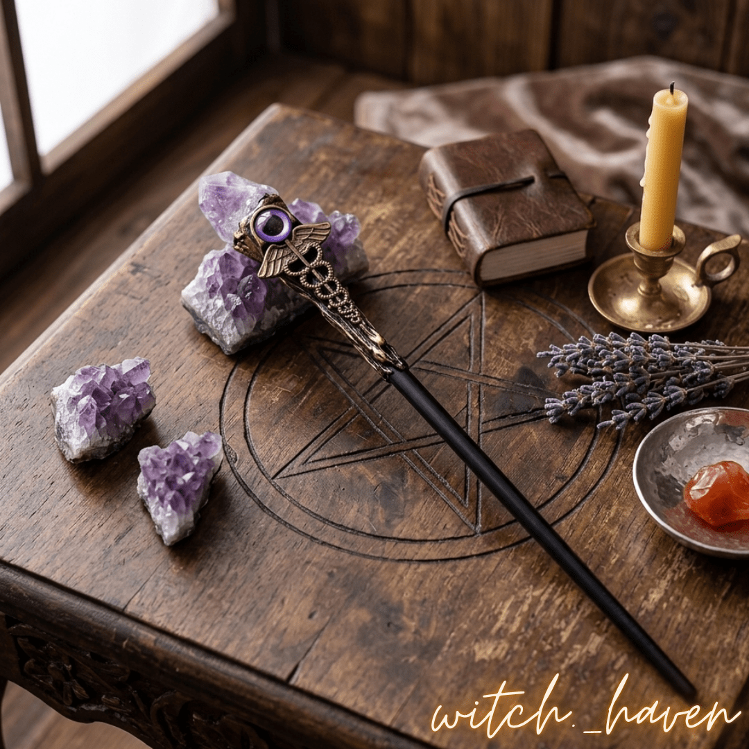 Amethyst Zauberstab handgefertigt Dominika Marx, magisches Werkzeug Rohkristall Spitze Altar Deko, spiritueller Begleiter Böser Blick Schutzsymbol, handgemachter Hexenstab Witchhaven, rituelles Reinigungsritual Zauberstab, Heilsteine für inneren Frieden sowie Reinigung, exklusive spirituelle Deko violett goldfarben