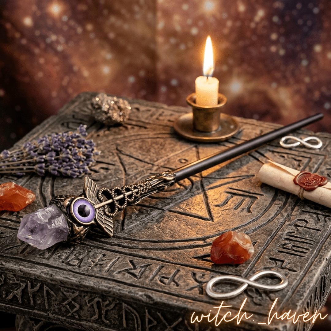 Amethyst Zauberstab handgefertigt Dominika Marx, magisches Werkzeug Rohkristall Spitze Altar Deko, spiritueller Begleiter Böser Blick Schutzsymbol, handgemachter Hexenstab Witchhaven, rituelles Reinigungsritual Zauberstab, Heilsteine für inneren Frieden sowie Reinigung, exklusive spirituelle Deko violett goldfarben