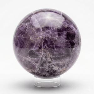 Amethyst Kristallkugel Naturstein mit transparentem Acrylständer Dominika Marx, tiefviolette Edelsteinkugel für Kronenchakra Meditation, spiritueller Begleiter Raumharmonisierung Witchhaven, handverlesene Naturstein Kugel Altar Dekoration, rituelles Reinigungsritual Amethystkugel, Heilsteine für innere Ruhe sowie klare Gedanken, exklusives Design magische Dekoration lila transparent