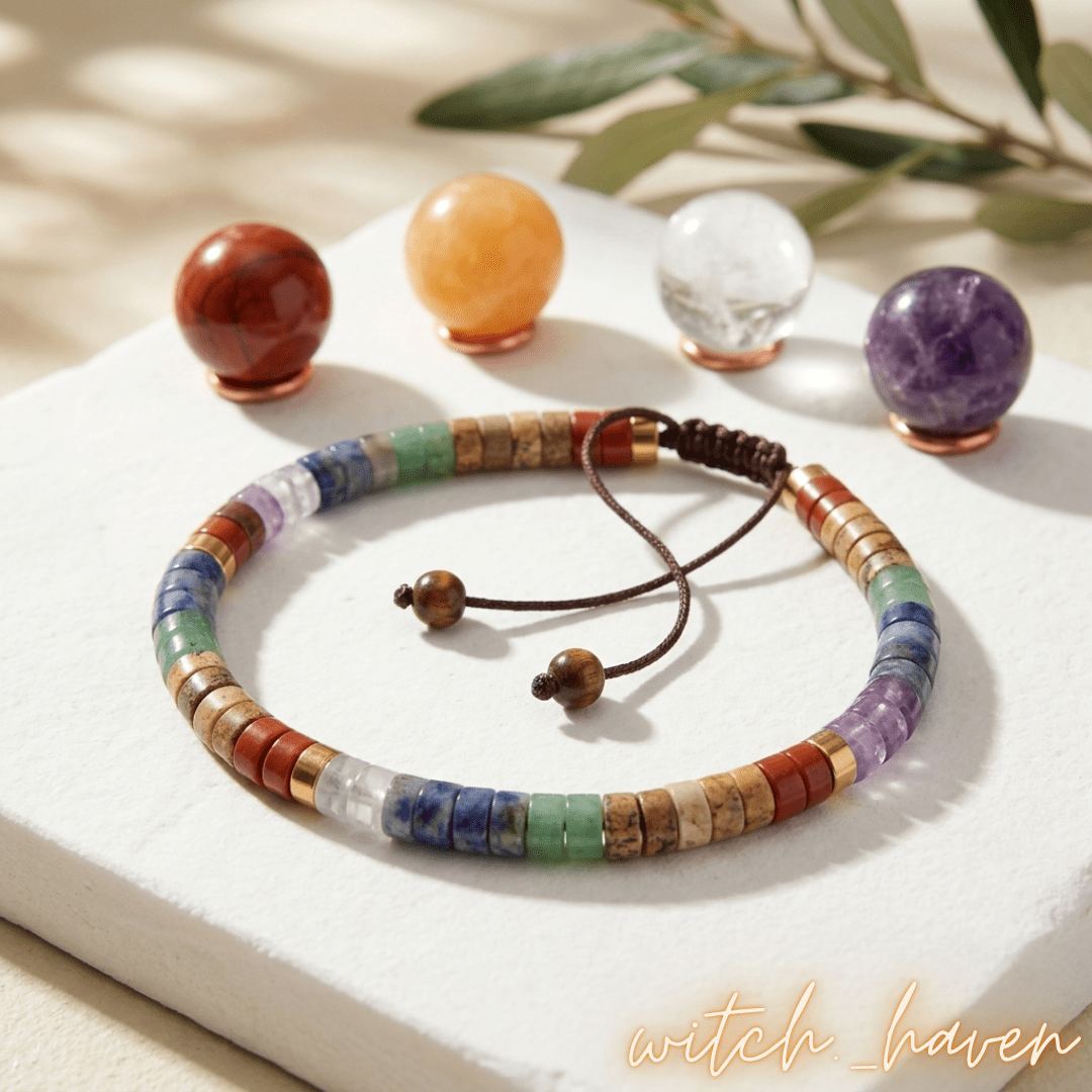 Handgefertigtes 7 Chakra Armband mit bunten Edelsteinperlen Dominika Marx, verstellbarer Makrameeverschluss mit goldenen Akzenten, spiritueller Begleiter Naturstein Schmuck Witchhaven, handgeknüpftes Kristallarmband zur Chakra Meditation, rituelles Reinigungsritual Energiearmband, Heilsteine für innere Balance sowie geistige Klarheit, exklusives Design magischer Glücksbringer bunt braun gold