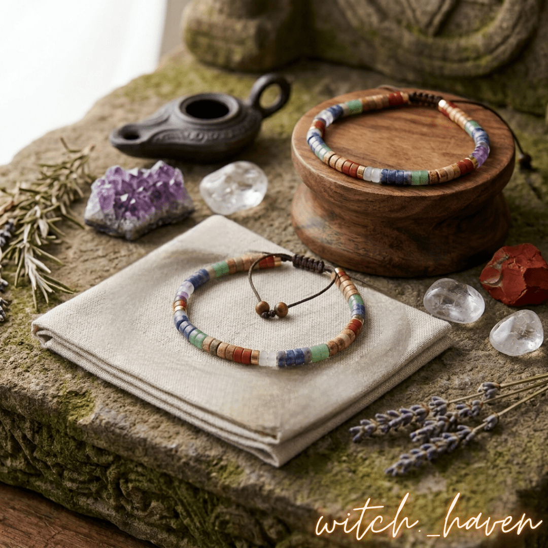 Handgefertigtes 7 Chakra Armband mit bunten Edelsteinperlen Dominika Marx, verstellbarer Makrameeverschluss mit goldenen Akzenten, spiritueller Begleiter Naturstein Schmuck Witchhaven, handgeknüpftes Kristallarmband zur Chakra Meditation, rituelles Reinigungsritual Energiearmband, Heilsteine für innere Balance sowie geistige Klarheit, exklusives Design magischer Glücksbringer bunt braun gold