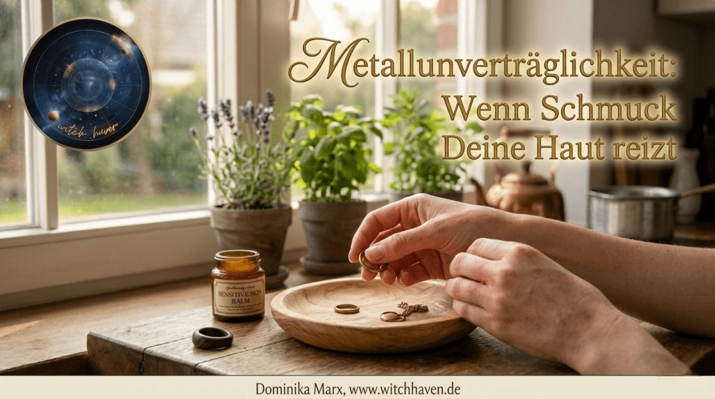 Beitragsbild zum Thema Metallunverträglichkeit: Eine Person untersucht Schmuckstücke in einer Holzschale neben einem Hautbalsam bei geröteter Haut an den Händen.