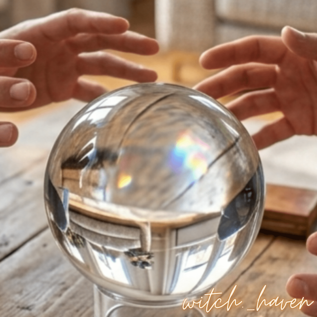 Kristall Wahrsager Kugel aus glasklarem K9 Glas Dominika Marx, große transparente Glaskugel mit rundem Acrylständer, spiritueller Begleiter Wahrsagen Scrying Meditation Witchhaven, makelloses Kristallglas für professionelle K9 Fotografie, rituelles Reinigungsritual Seherkugel Set, Edelsteine für Fokus sowie klare Gedanken, exklusives Design magische Dekoration transparent weiß