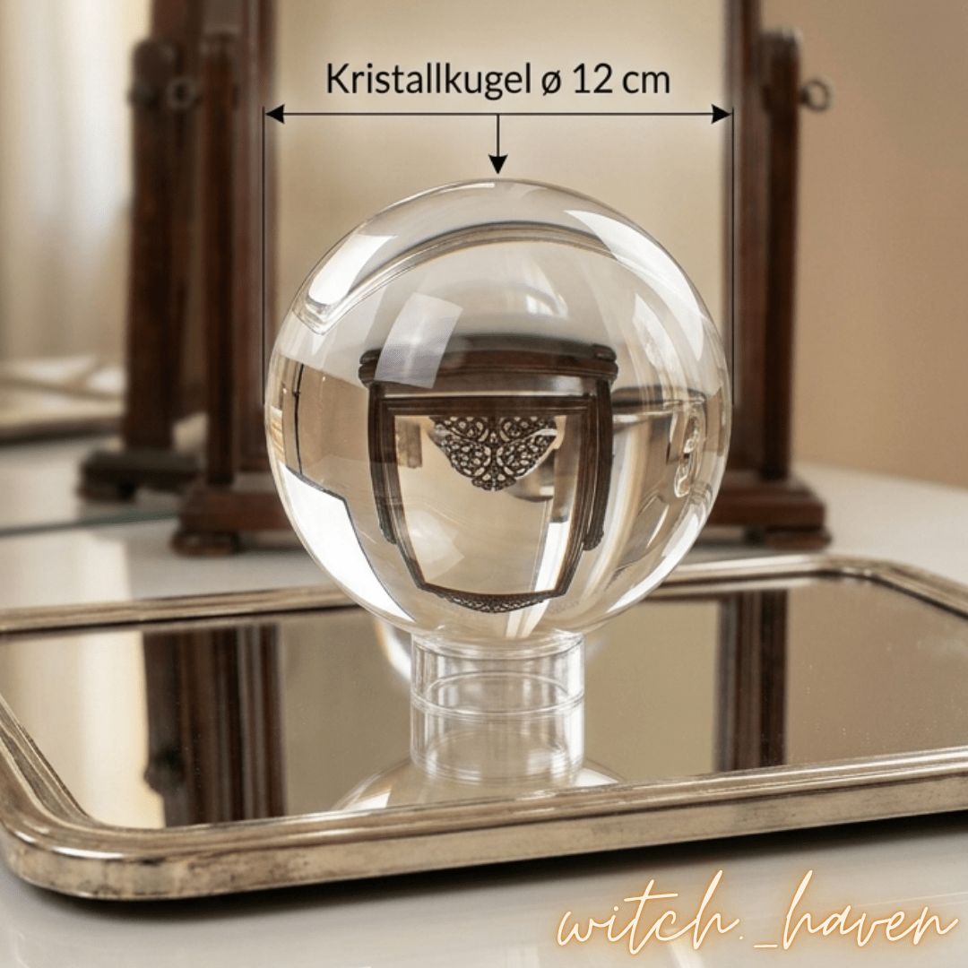 Kristall Wahrsager Kugel aus glasklarem K9 Glas Dominika Marx, große transparente Glaskugel mit rundem Acrylständer, spiritueller Begleiter Wahrsagen Scrying Meditation Witchhaven, makelloses Kristallglas für professionelle K9 Fotografie, rituelles Reinigungsritual Seherkugel Set, Edelsteine für Fokus sowie klare Gedanken, exklusives Design magische Dekoration transparent weiß