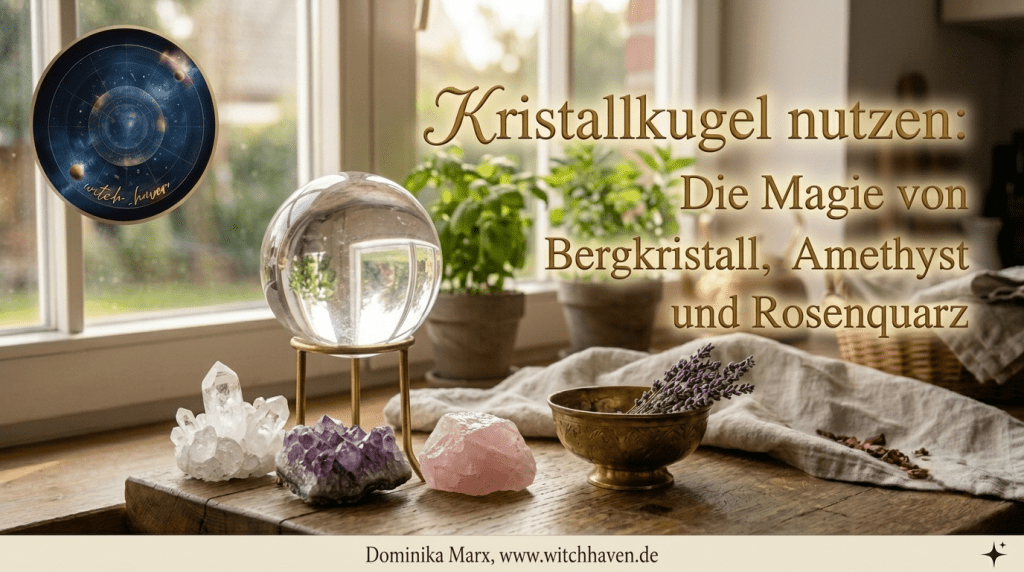Beitragsbild mit Kristallkugel, Bergkristall, Amethyst und Rosenquarz auf einem Holztisch vor einem Fenster für den Blogartikel zum Thema Kristallkugel nutzen, Rosenquarz Kristallkugel Naturstein mit transparentem Acrylständer Dominika Marx, zartrosa Edelsteinkugel für Herzchakra Meditation, spiritueller Begleiter Raumharmonisierung Witchhaven, handverlesene Naturstein Kugel Altar Dekoration, rituelles Reinigungsritual Rosenquarzkugel, Heilsteine für Selbstliebe sowie inneren Frieden, exklusives Design magische Dekoration rosa transparent, Kristallkugel nutzen